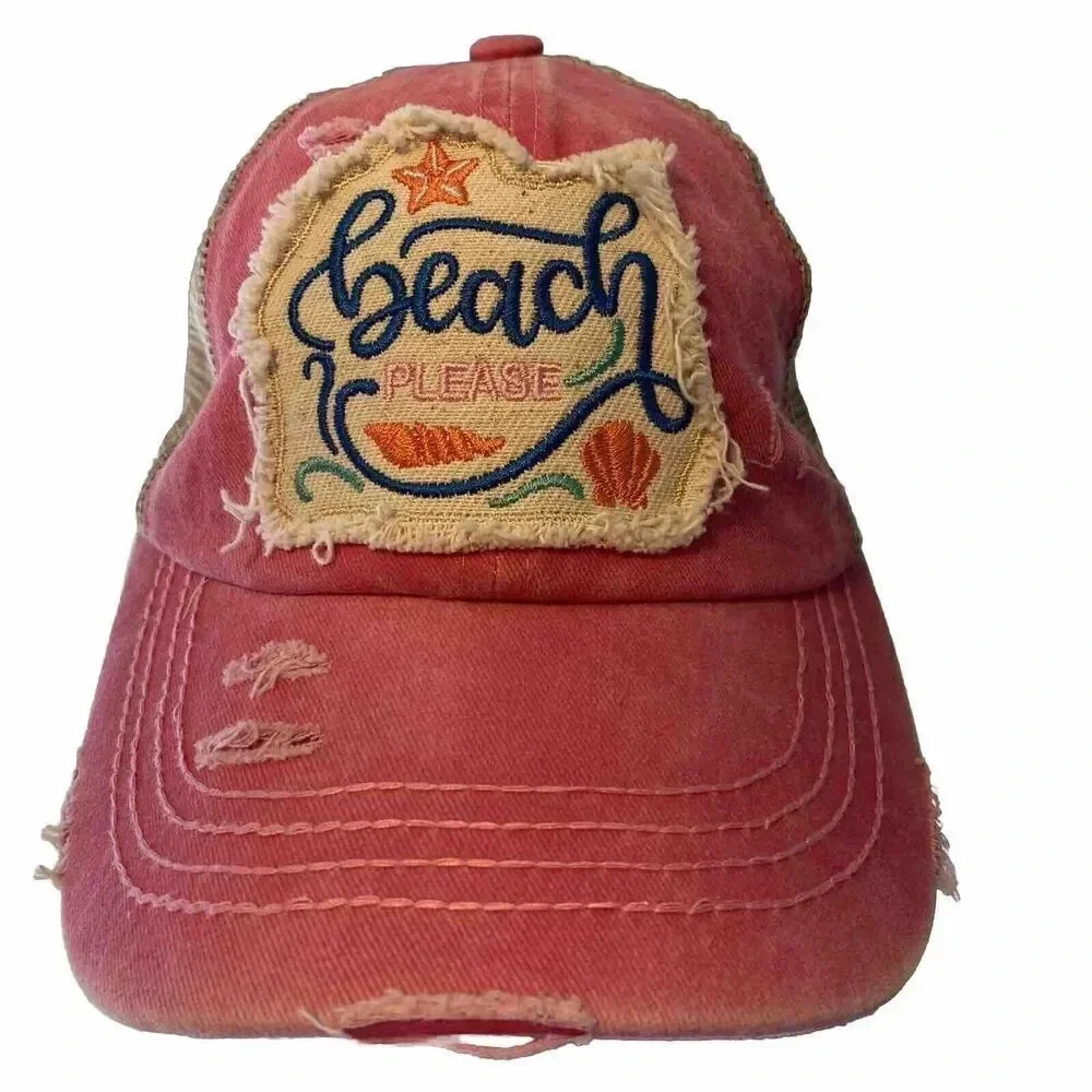 C.C Pink Distressed 'Beach Please' Patch Trucker Hat
